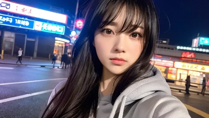 (highest quality、16K resolution)1 girl、solo、Japanese women、Looking into the camera、Concrete Background、Look forward、standing、Beaver、Female in her late teens、Light bangs、Long Hair、Black Hair,Natural look、Portrait、Grey hoodie,This intense neon lighting casts...