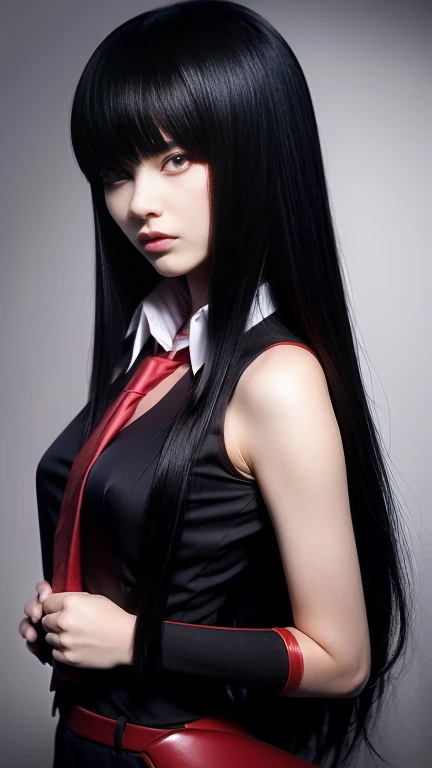 pretty, young, girl, long hair, black hair, (((red eyes))), bangs, (dark shirt), sleeveless, white collar, red tie, small breast...