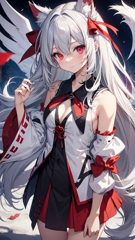 Highest quality　I have long hair　Gray Hair　Sagume Rare God　Feathered 　Red eyes　I dont have anything　vampire　Odd Eye　kind　Miko costume　Cat ear　modern style