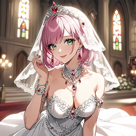 ((highest quality)), ((masterpiece)), (detailed), （Perfect Face）、（The woman was Lena, with short pink hair, a happy smile, and was getting married in a fancy church.、The woman is wearing a gorgeous jeweled wedding dress, a wedding veil, a gorgeous jeweled ...