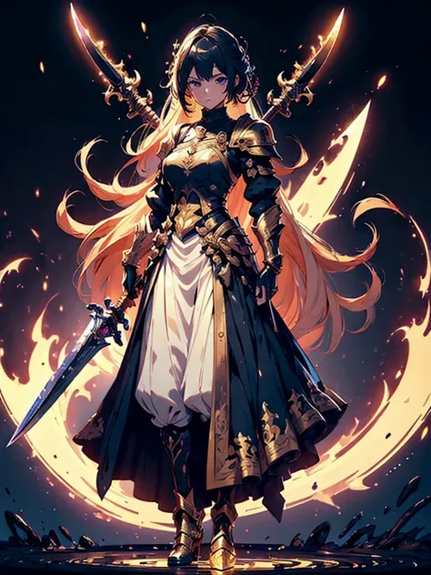 Design a layout showcase Gaming character, (1girl). Golden+Purle clothes, stylish and unique, ((showcase weapon:1.4)), magic staff, (masterpiece:1.2), (best quality), 4k, ultra-detailed, (Step by step design, layout art:1.5), (luminous lighting, atmospheri...