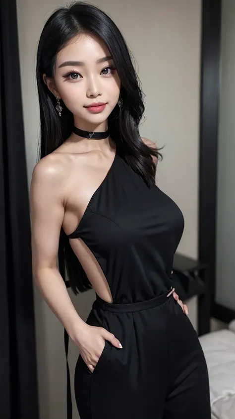 Stunning Asian allure, hyper-realistic charm, captivating eyes, confident smile, breathtaking in a chic, one-shoulder black jumpsuit, radiating modern elegance and power