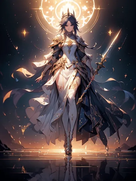 Design a layout showcase Gaming character, (1girl). Golden+Purle clothes, stylish and unique, ((showcase weapon:1.4)), magic staff, (masterpiece:1.2), (best quality), 4k, ultra-detailed, (Step by step design, layout art:1.5), (luminous lighting, atmospheri...