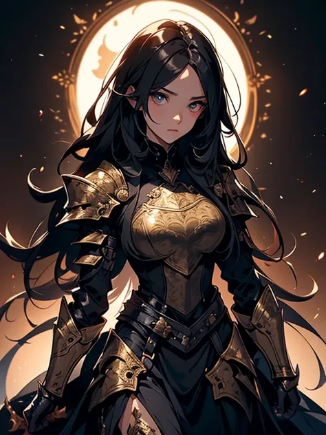 Design a layout showcase Gaming character, (1girl). Black+Gold clothes, opulent and dark, ((showcase weapon:1.4)), cursed blade, (masterpiece:1.2), (best quality), 4k, ultra-detailed, (Step by step design, layout art:1.5), (gloomy lighting, cursed atmosphe...