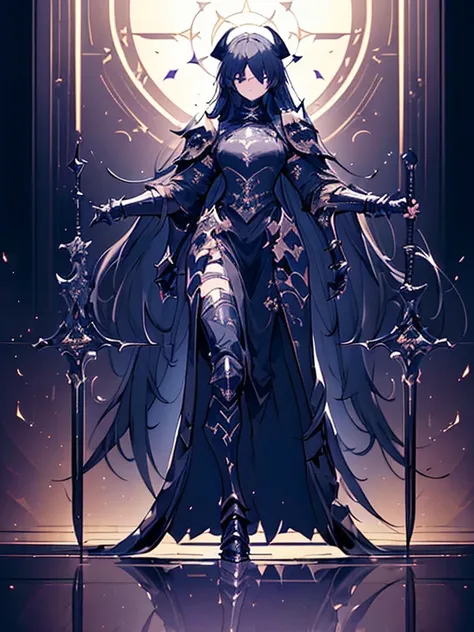 Design a layout showcase Gaming character, (1girl). Black+Gold clothes, opulent and dark, ((showcase weapon:1.4)), cursed blade, (masterpiece:1.2), (best quality), 4k, ultra-detailed, (Step by step design, layout art:1.5), (gloomy lighting, cursed atmosphe...