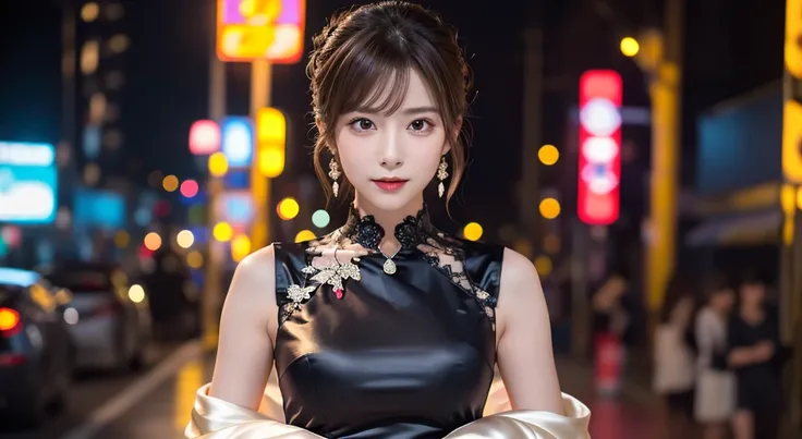 8K highest quality, Tabletop, 写真のようにRealistic, Very detailedな, 超A high resolution, to be born:1.3),1 female, Beautiful Japanese actresses, Age 25), Double Eye,mile), Detailed face, wearing large ring earrings，赤いアイシャドウin派手なメイク，light brown delicate middle cu...