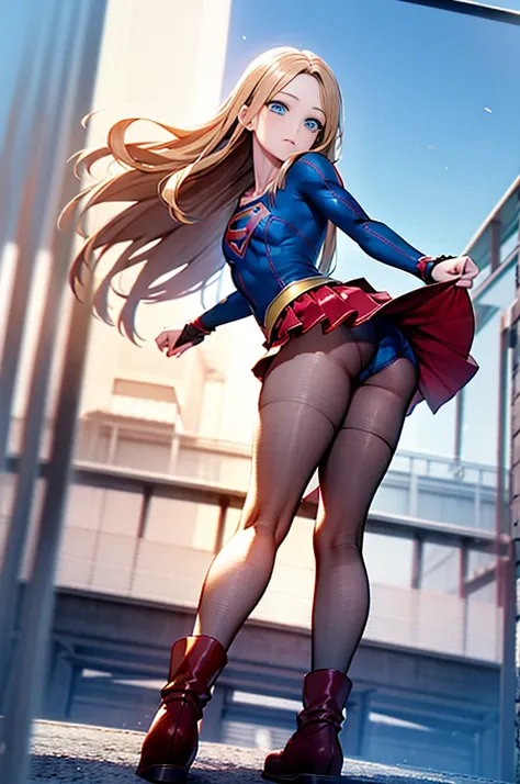 (full body), (masterpiece:1.2), (Highest_quality:1.2), (Ultra_detailed:1.3), 8k,Low - Angle，From below，Big Butt Girl, Medium chest, Pose in front,upright，3D Rendering,( Supergirl)，Blonde，Long Hair，Blue eyes，Red Skirt，the skirt is short,，A blue leotard is v...