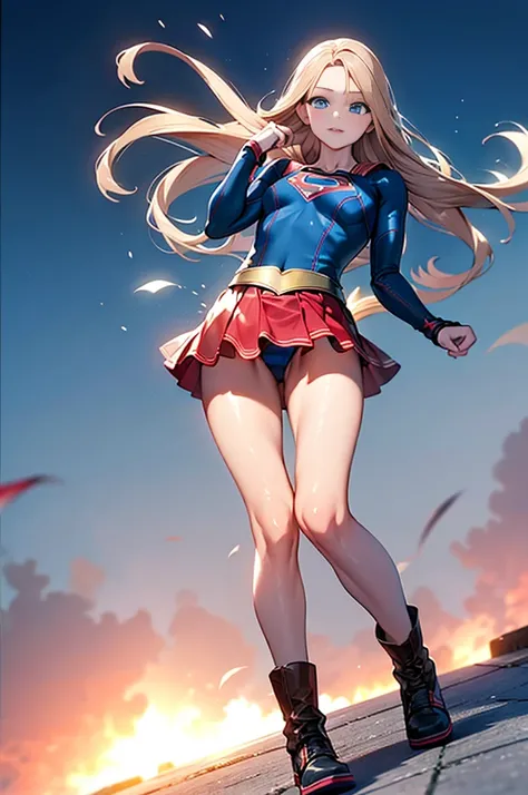 (full body), (masterpiece:1.2), (Highest_quality:1.2), (Ultra_detailed:1.3), 8k,Low - Angle，From below，Big Butt Girl, Medium chest, Pose in front,upright，3D Rendering,( Supergirl)，Blonde，Long Hair，Blue eyes，Red Skirt，the skirt is short,，A blue leotard is v...