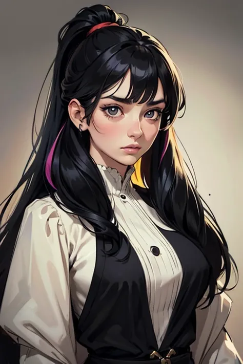 woman, ponytail, long hair, black hair, multicoloured hair, bangs, solo, (masterpiece:1.0), (best quality:1.0), (8k wallpaper:1.0), extremely delicate and beautiful, (beautiful detailed face:1.0), (detailed deep eyes), symmetrical breasts, deep eyes,