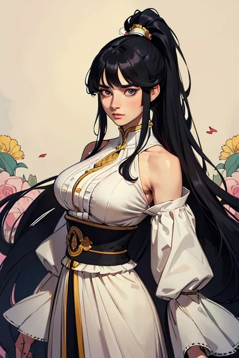 woman, ponytail, long hair, black hair, multicoloured hair, bangs, solo, (masterpiece:1.0), (best quality:1.0), (8k wallpaper:1.0), extremely delicate and beautiful, (beautiful detailed face:1.0), (detailed deep eyes), symmetrical breasts, deep eyes,