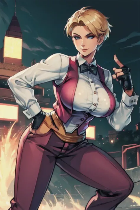 (masterpiece, best quality, ultra detailed)1.5, 1girl, solo, (sexy, beautiful woman, perfect face, perfect eyes, perfect female body)1.5, (kingms, button-up shirt, vest, pants, dress shoes, fingerless gloves, bowtie, short blonde hair, ), (fighting stance ...