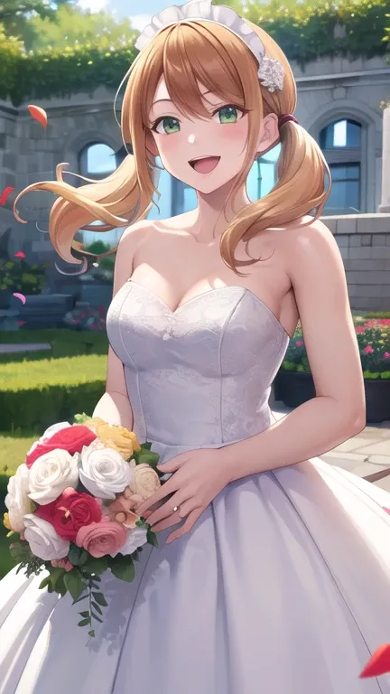 masterpiece, best quality, highres, 1girl, solo, blonde hair, low twintails, green eyes, wedding dress, strapless, smile, open mouth, holding bouquet, standing, cowboy shot, garden, confetti,