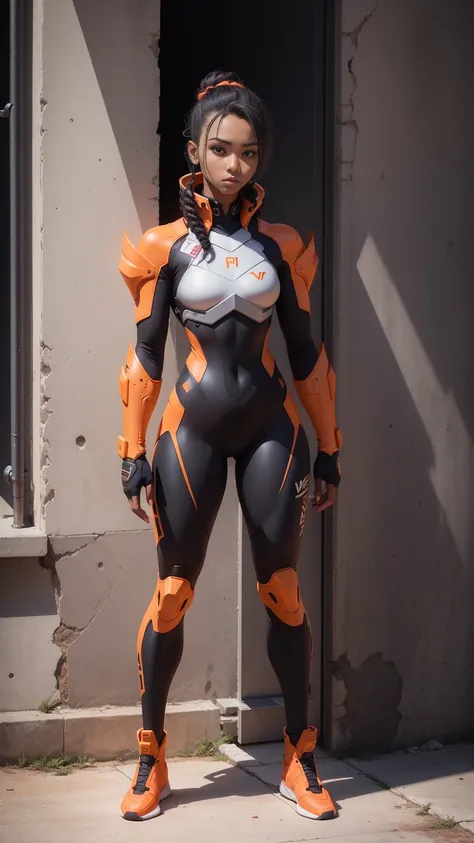 ((full body photo, standing, feet on the ground))  game valorant skin viper clothing color orange technology