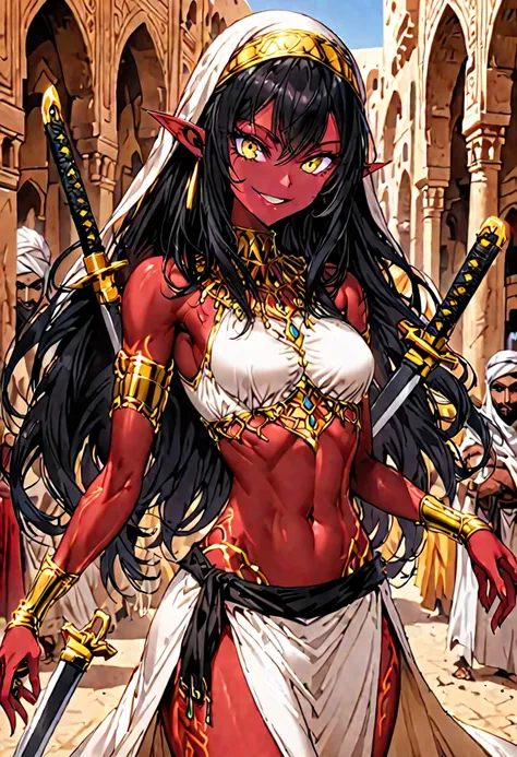 solo:1.4, female, sfw, medium shot, four arms, red skin, long hair, black hair, silky hair, braided hair, pointed ears, slim waist, bandit, Arabian, marketplace, curved sword, golden eyes, smile, abs, dagger , extra arms