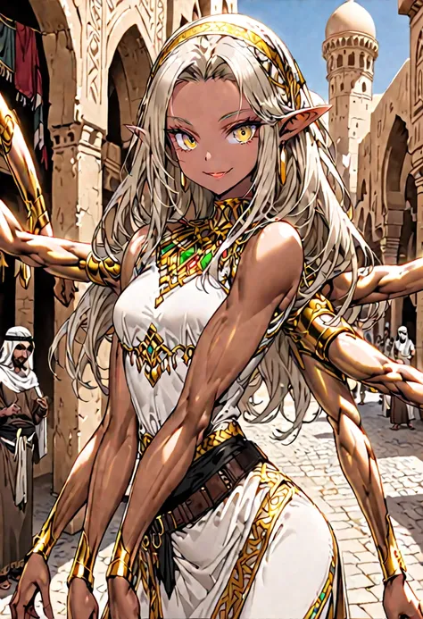 solo:1.4, female, sfw, medium shot, ((four arms:1.8)), copper skin, long hair, platinum blonde hair, silky hair, braided hair, pointed ears, slim waist, bandit, Arabian, marketplace, golden eyes, smile, abs, dagger, extra arms