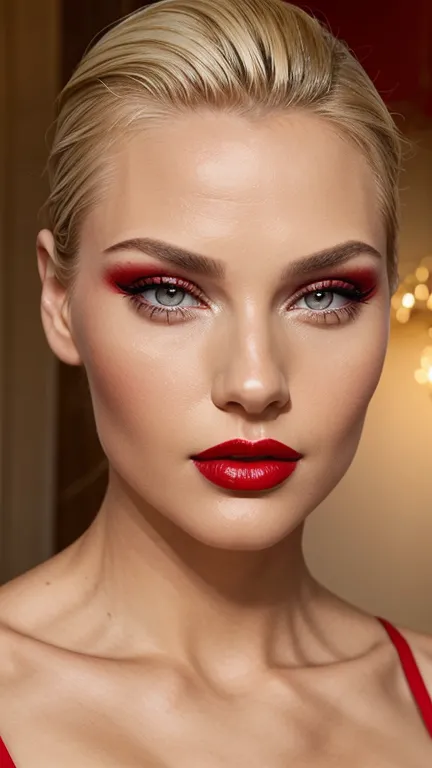 red make-up,  red lipstick, slicked back blond hair, detailed face, detailed lips, detailed eyes,