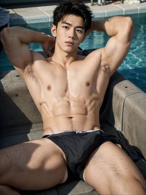 1 young handsome guy，20-22 years old, Asian Male Model, Interpol, pool background，Handsome，muscular，hairless  bodies，sexy bikini underwear, shirtless, topless, sitting, lifted arms, spread legs, pubes,（Fine eye 1：3），Black eyes，full body shot, smooth skin, ...