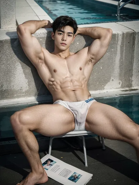 1 young handsome guy，20-22 years old, Asian Male Model, Interpol, pool background，Handsome，muscular，hairless  bodies，white sexy bikini underwear, shirtless, topless, sitting, lifted arms, spread legs, pubes,（Fine eye 1：3），Black eyes，full body shot, smooth ...