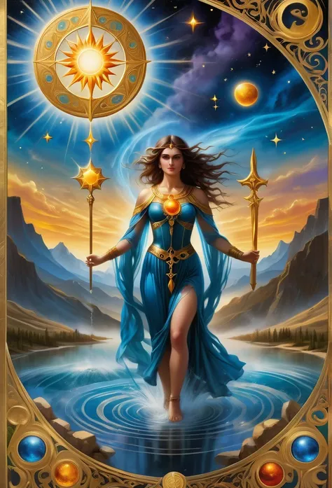 card，tarot cards：1.37. El sol, un gran sol brillante con un cielo claro y estrellas a su alrededor , Mystical symbols and elements，ancient mysterious atmosphere，Realistic illustrationeticulous details，Vibrant and energetic composition，happy style，gothic st...