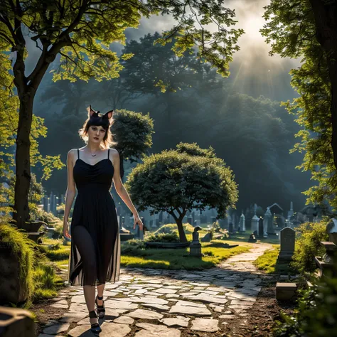 a lovely woman, wynona ryder (age 20), sheer black billowing summer dress, wearing cat ears, walking through a cemetery on a moo...