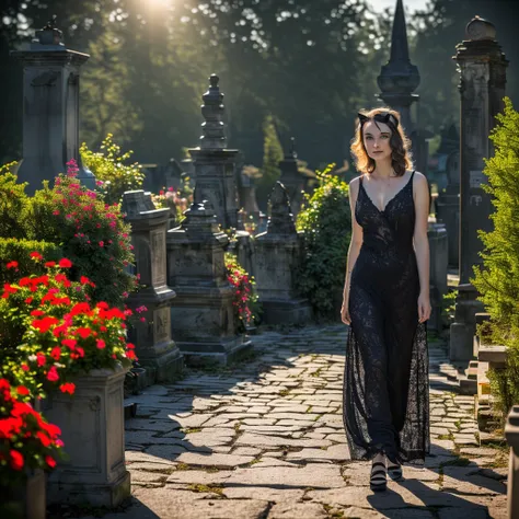 a lovely woman, wynona ryder (age 20), sheer black billowing summer dress, wearing cat ears, walking through a cemetery on a moo...