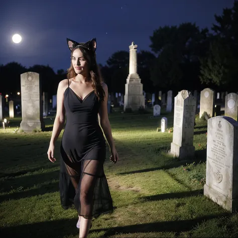 a (lovely woman (wynona ryder (age 20) sheer black billowing summer dress, wearing cat ears) is walking through a cemetery on a ...