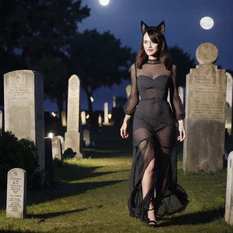 a (lovely woman (wynona ryder (age 20) sheer black billowing summer dress, wearing cat ears) is walking through a cemetery on a ...