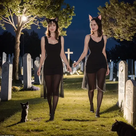 a (lovely woman (wynona ryder (age 20) sheer black billowing summer dress, wearing cat ears) is walking through a cemetery on a ...