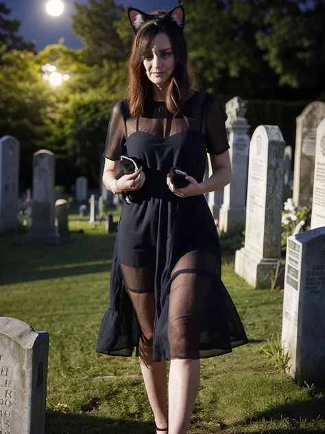 a (lovely woman (wynona ryder (age 20) sheer black billowing summer dress, wearing cat ears) is walking through a cemetery on a ...