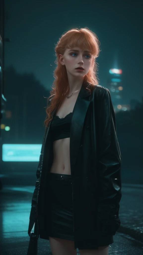 a 20 year old girl, pale skin, (Irish),(Swiss),(Czech),fountain curled bangs, strawberry blonde hair, thin, skinny, cyberpunk outfit, standing outside a night club,(best quality,4k,8k,highres,masterpiece:1.2),ultra-detailed,(realistic,photorealistic,photo-...