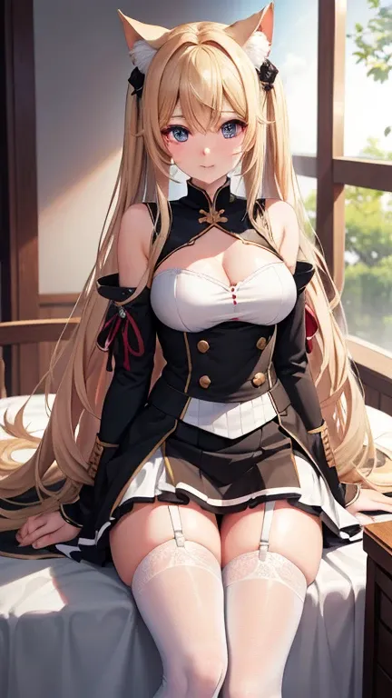 masterpiece, best quality, bishoujo, student, long hair, blonde hair, hair between eyes, hair between breasts, heart hair ornament, beautiful detailed eyes, white colored eyelashes, large breasts, cat_ears, white thighhighs, garreg mach monastery uniform,