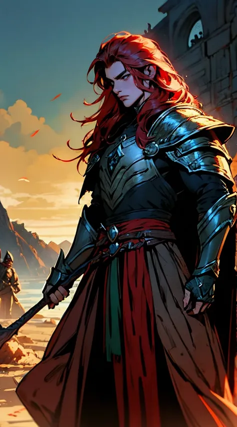 Obra de arte, melhor qualidade, 1 homem, adulto, foco masculino, sozinho, red hair, cabelo longo, olhos verdes vibrantes, heavy armor, male, cloak, pele escura,  boca fechada, Fantasy aesthetic, altamente detalhado, estilo shadowverso, armadura do cavaleir...