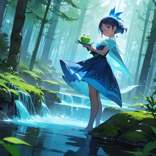 Garota sorrindo, , cabelo curto e azul, asas de gelo, vestido azul e branco, de costas, scenery is a forest, she has a little frozen frog in her hands, manga cover style, sombra de um sapo gigante ao fundo, 