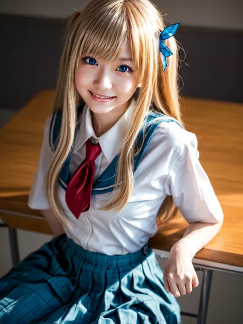 （8k, highest quality, Pieces fly:1.2)、Ultra-high resolution、anime,1 very pretty girl,Asuka Langley,Highly detailed face, Fine grain,blue eyes,,White sailor collar plain short sleeve shirt,Light blue skirt,Light Blue Suspenders,uniform_Red ribbon,Orange Hai...