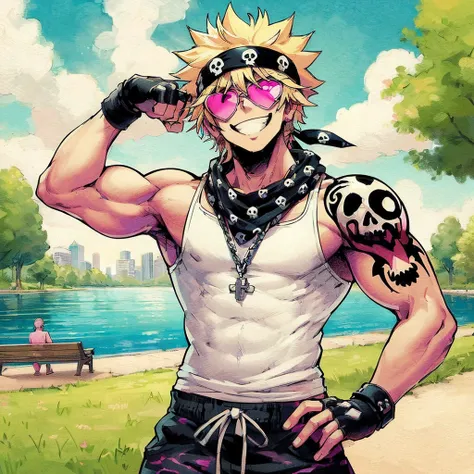 ((art by Kipteitei), ((Masterpiece, best quality, perfect lighting, amazing shading)), perfect anatomy, field of depth, man, detailed face, spiky blond hair, pink sunglasses, white tanktop with a skull, pink gym shorts, black skull bandana, muscles, cross ...