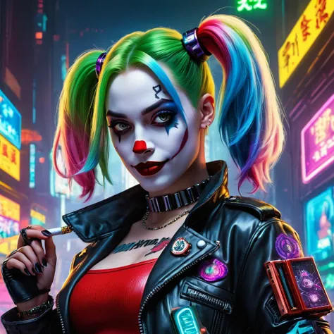 ((first class quality)), ((masterpiece)), theme: Cyberpunk Harley Quinn, action: Benefits of smoking marijuana, artist: Louis Wayne, style: Cyberpunk, Cannabis Inspired, diabetes, Altegem, Moderate: digital rendering, category: comic art, Palette: energeti...