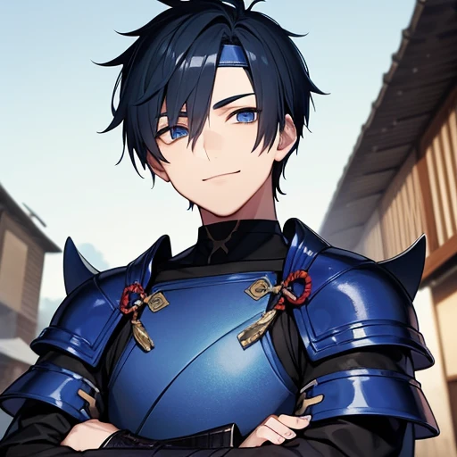 One Teenage male samurai with short blue hair and blue eyes with scars on his face wearing broken dark blue armor and a black headband with his arms crossed, and his smiling in an ancient Japanese city