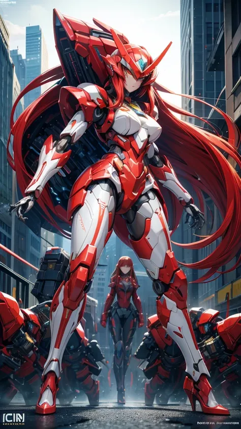 Red long straight hair female mecha,Large female robot , Sci-fi fluorescent armor, ,helmet，Chest，female body，Mechanical joints，wing，thigh， High heel, Stand in battle，front，sci-fi sword，City