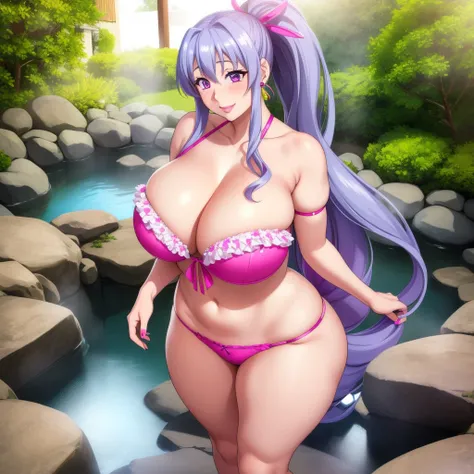 Akeno Himejima, 1girl, (((bimbo))), long blue gray hair, purple eyes, ear rings, (((bimbo))), puffy lips, painted lips, thick lips, smile face, wide hips, thick thighs, tight pink bikini, huge round ass, huge natural Hitomi Tanaka breasts, fishnet, full bo...