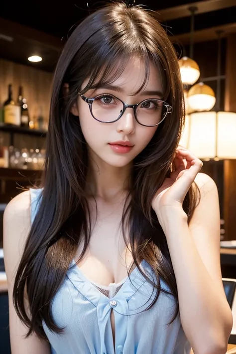 Masterpiece, highest quality, realistic, very detailed. Subtleties High resolution 8k wallpaper beautiful woman. Wearing a dark blue see-through shirt. Great bar restaurant. At night. Light brown messy hair. The perfect dynamic composition of beautiful and...