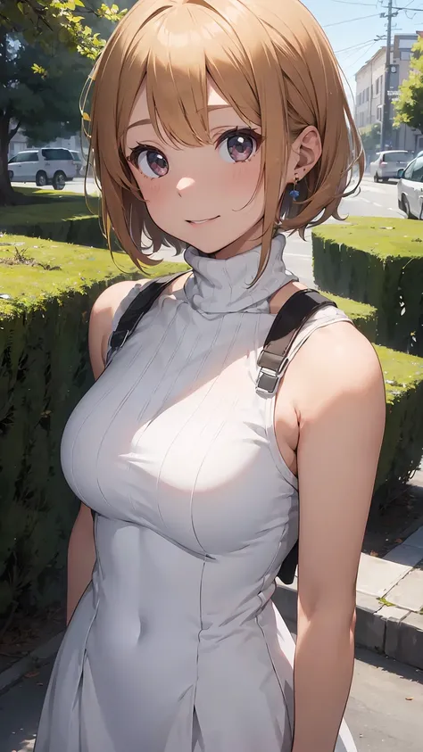 16k、masterpiece、High resolution、((1 female))、short hair、Very large breasts、(((Sleeveless、turtleneck、White dress)))、Smiling Kindly、Cute pose、Very close、Forested park