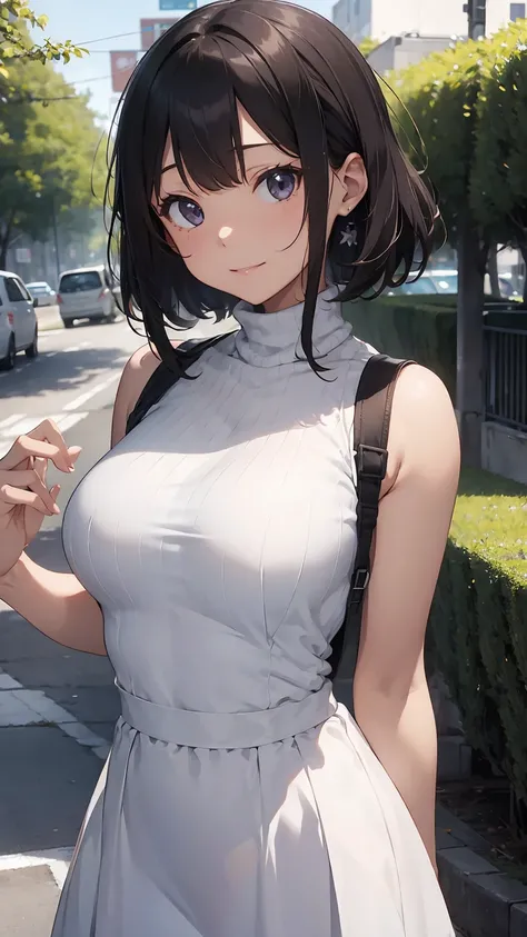 16k、masterpiece、High resolution、((1 female))、short hair、Very large breasts、(((Sleeveless、turtleneck、White dress)))、Smiling Kindly、Cute pose、Very close、Forested park