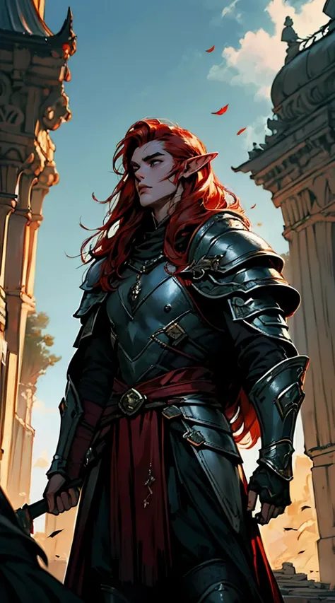 Obra de arte, melhor qualidade, 1 homem, adulto, foco masculino, sozinho, red hair, cabelo longo, olhos verdes vibrantes, heavy armor, male, cloak, pele escura,  war cry, Fantasy aesthetic, altamente detalhado, estilo shadowverso, elf ear, looking up, arma...