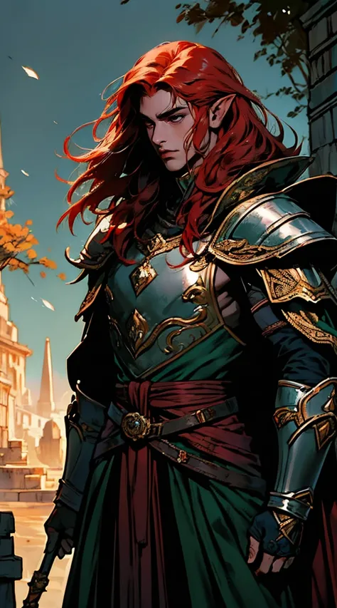 Obra de arte, melhor qualidade, 1 homem, adulto, foco masculino, sozinho, red hair, cabelo longo, olhos verdes vibrantes, heavy armor, male, cloak, pele escura,  war cry, Fantasy aesthetic, altamente detalhado, estilo shadowverso, elf ear, looking up, arma...