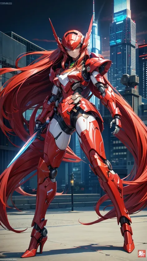 Red long straight hair female mecha,Large female robot , Sci-fi fluorescent armor, ,helmet，chest，female body，Mechanical joints，wing，thigh， High heel, Stand in battle，front，sci-fi sword，City