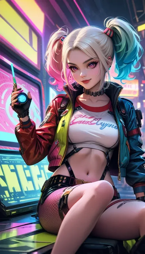 create a ((top-notch quality)), ((masterwork)), ((true-to-life)) digital rendering that features the iconic character harley wit...