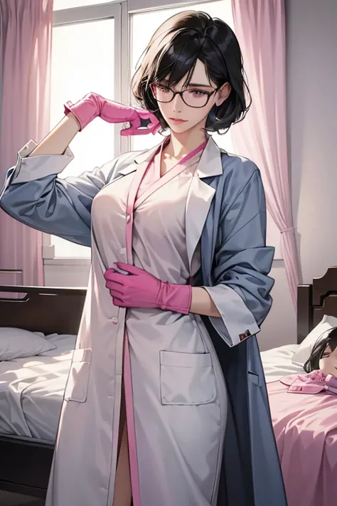 He coldly looks down at the female patient tied to a bed in the hospital room.、A mature woman with glasses and black hair in a white lab coat touching herself with her hand in a large pink rubber glove