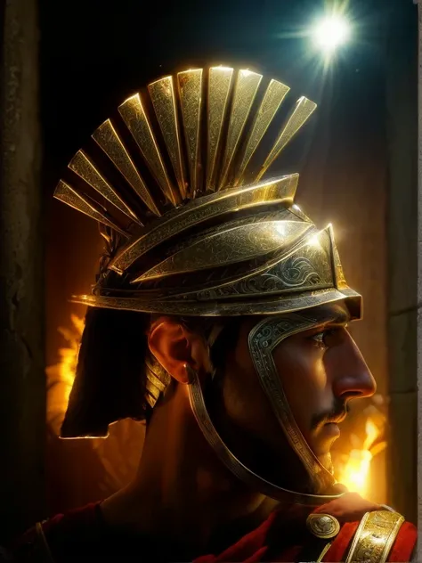 Arav man wearing a helmet，Behind me shines the golden sun, Ancient Soldiers, portrait of greek god ares, Portrait of Achilles, warrior, Wearing Spartan armor, Wearing a gorgeous helmet, Portrait of a male warrior, roman centurion, warrior的肖像, greek amazon ...