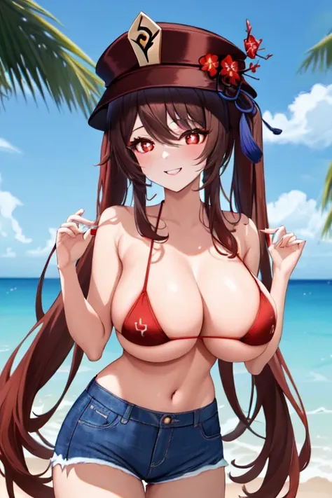 masterpiece, best quality,detailed clothes,1girl, hu tao (genshin impact), boo tao,hat, red eyes, twintails, brown hair, solo, symbol-shaped pupils, long hair,bangs,bikini,short jeans,smile,beach,outdoor,clear sky,big breast