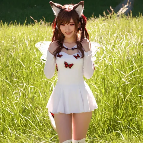 masterpiece,best quality, 1girl, solo, slight smile, slight smile, cherry, sunlight dapple, butterfly, grass animal ears,wolf ears,long hair, tail, wolf tail, red eyes, wolf girl,brown hair,,  